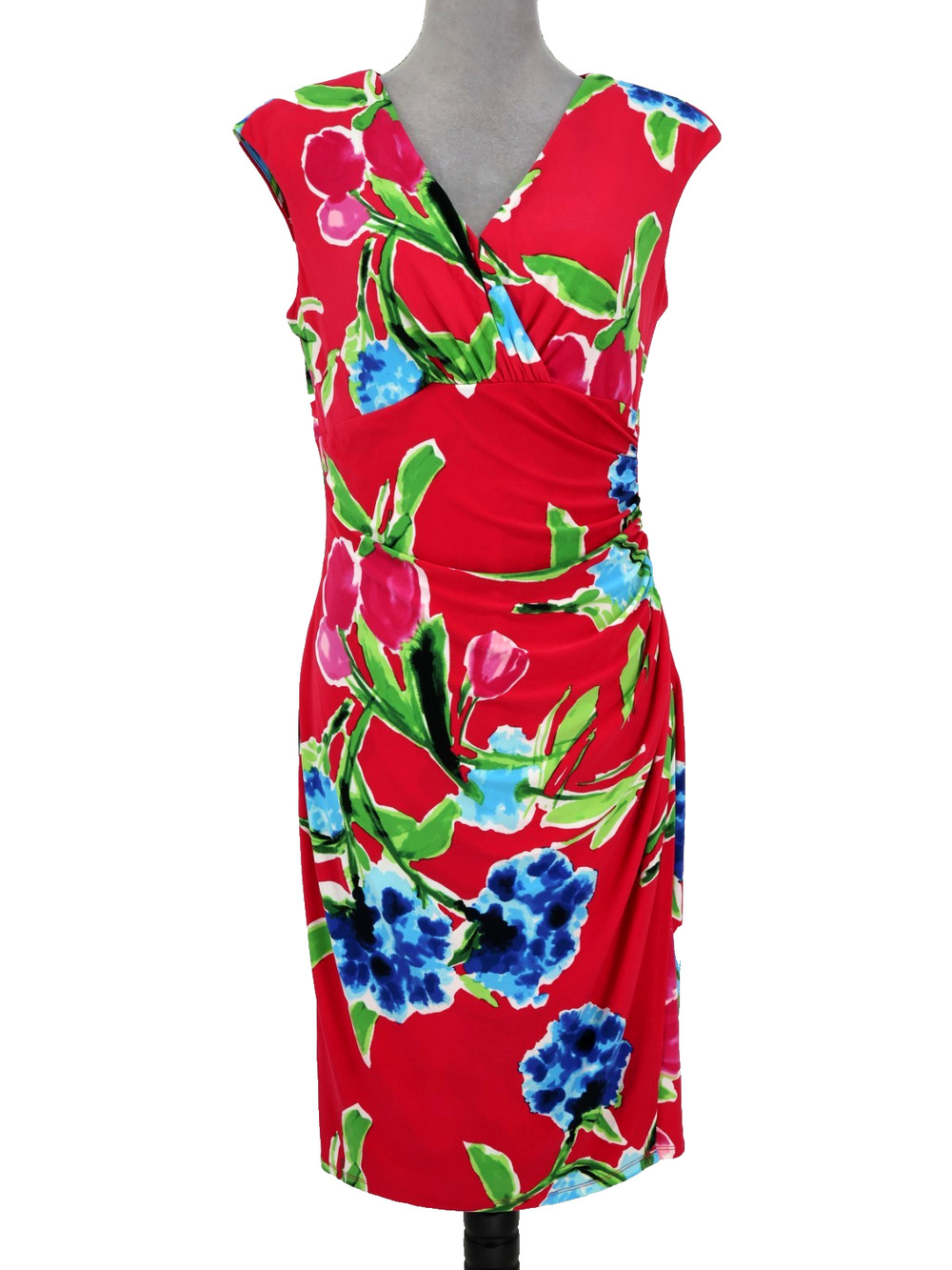 LRL Ralph Lauren Dress Womens 10 Pink Floral Stretch Ruched Side Career Party